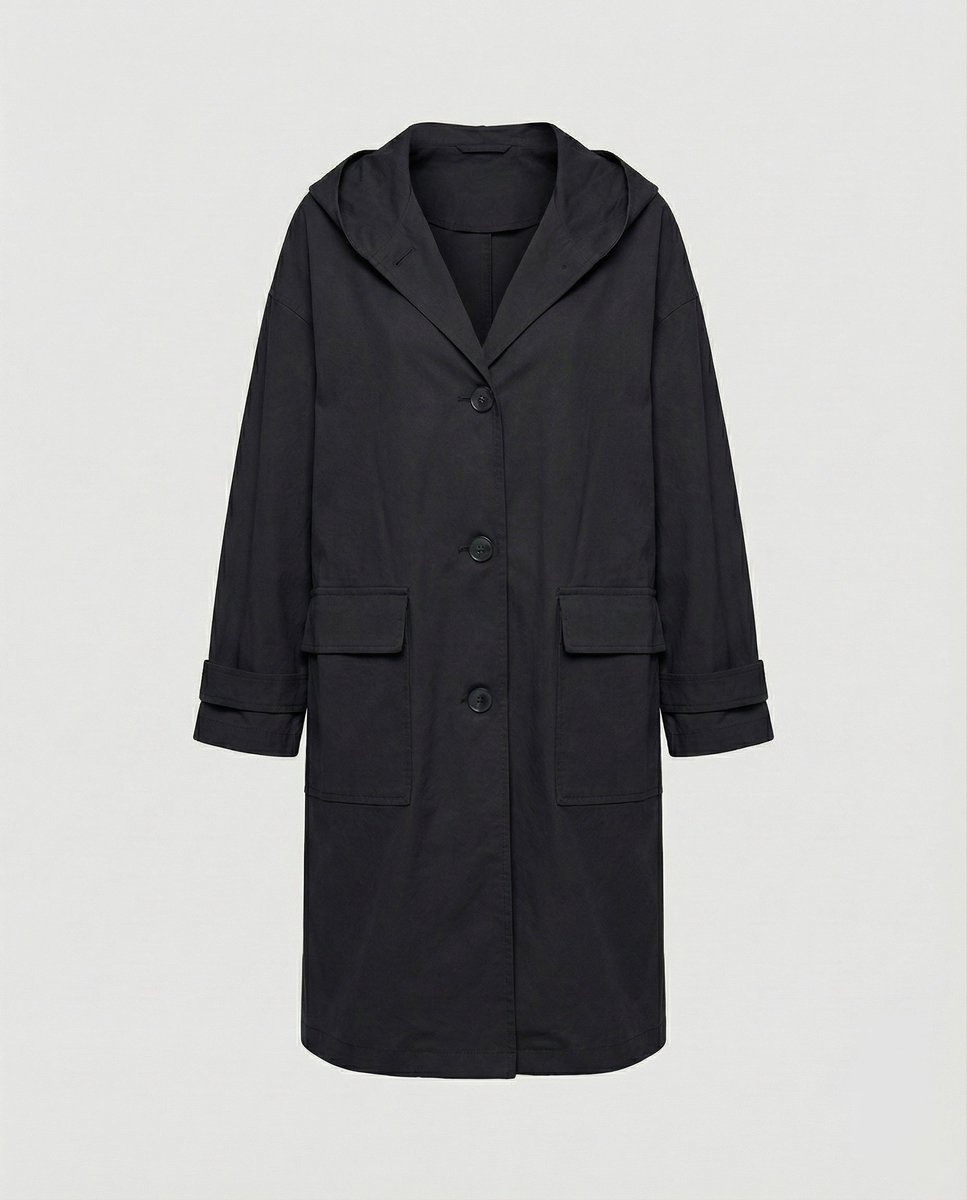 Damen Wasserdichter Trenchcoat Elegant Knielang in Schwarz
