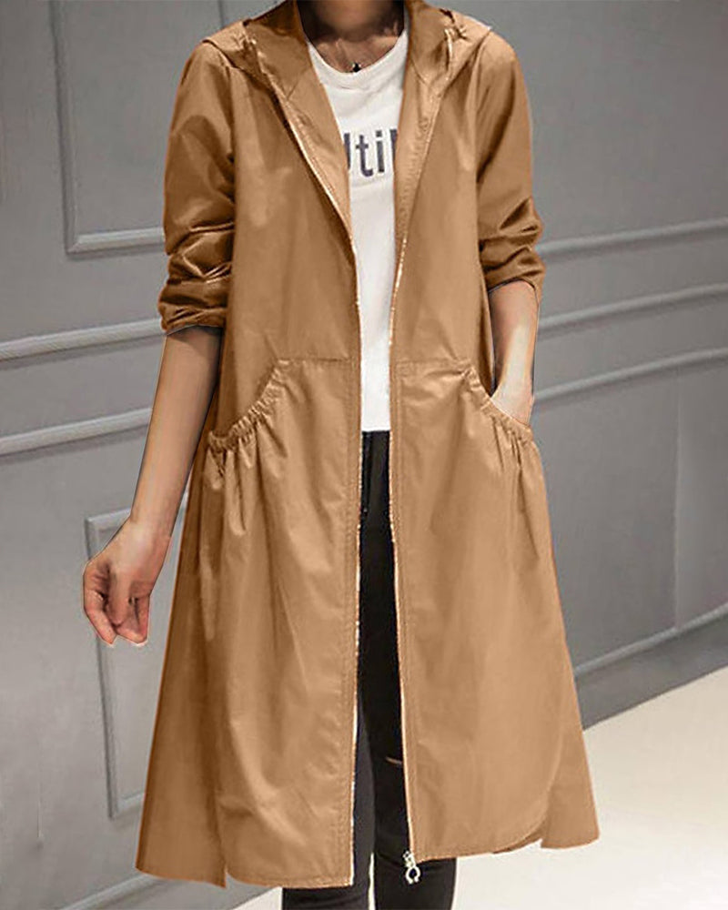 Damen Wasserdichter Trenchcoat Lang mit Kapuze in Braun