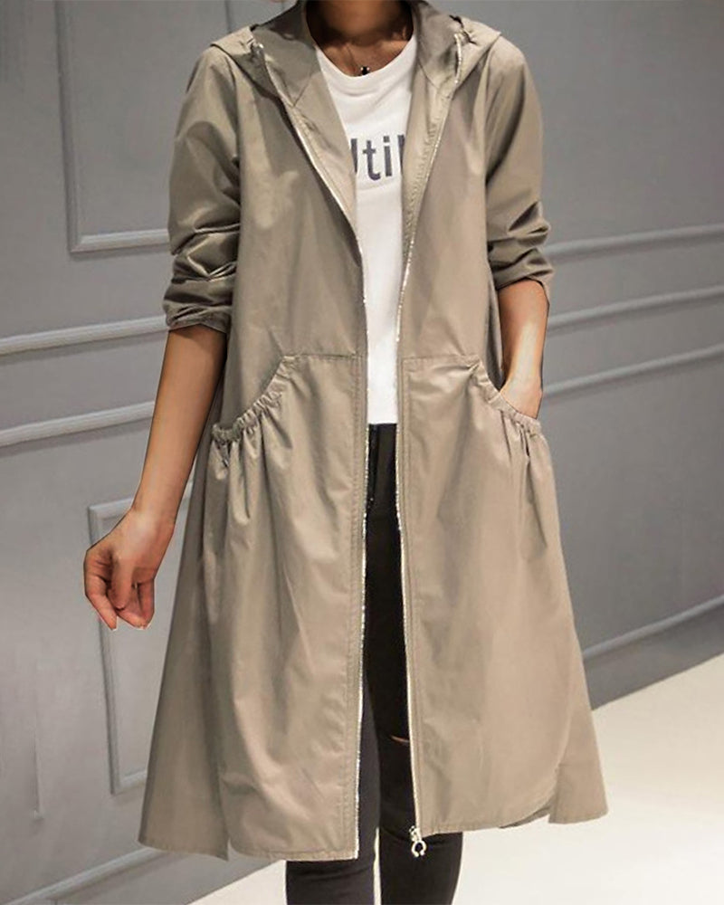Damen Wasserdichter Trenchcoat Lang mit Kapuze in Khaki