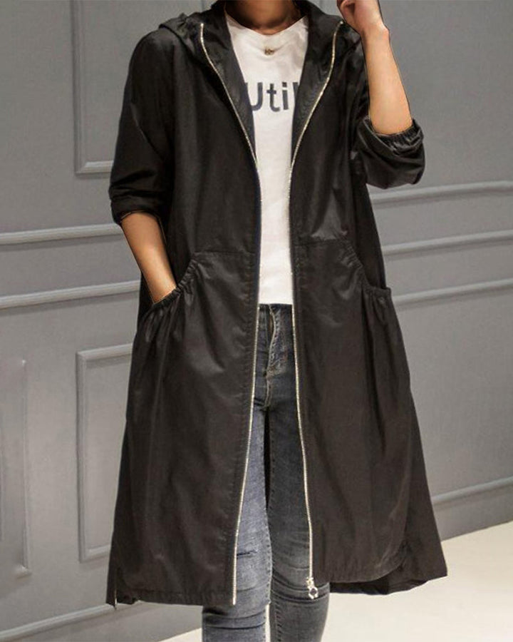 Damen Wasserdichter Trenchcoat Lang mit Kapuze in Schwarz