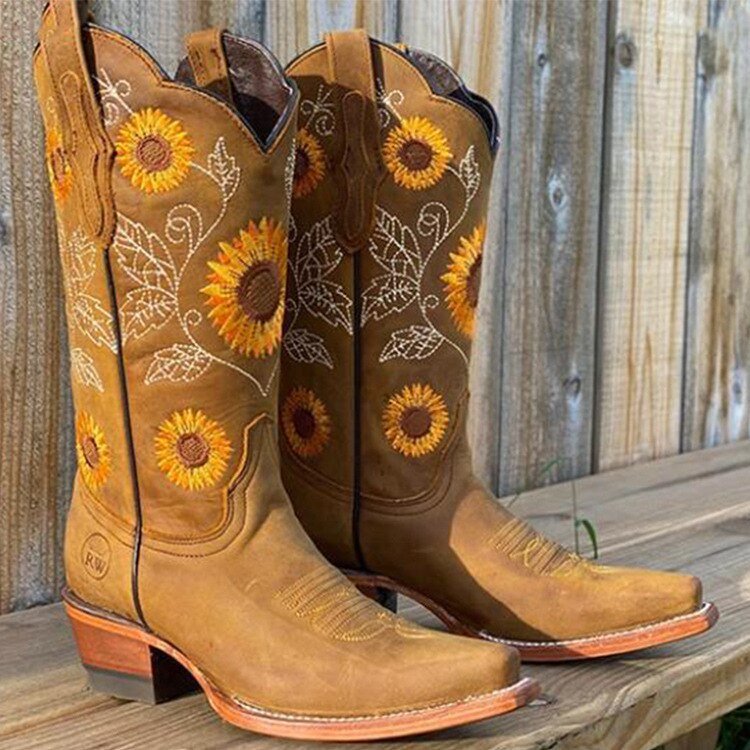 Damen Western-Stiefel im Boho-Stil mit Blütenstickerei