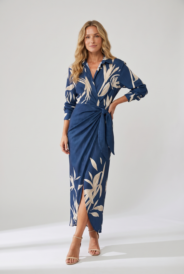 Damen Wickel-Abendkleid Lang mit Blattdruck (2)