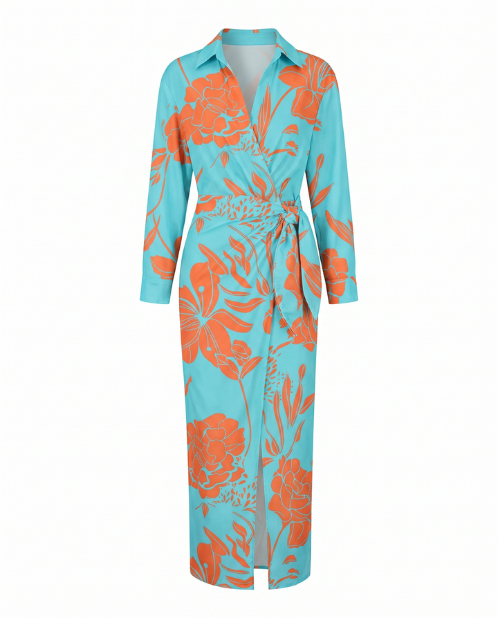 Damen Wickel-Abendkleid Lang mit Blattdruck in Blau 3