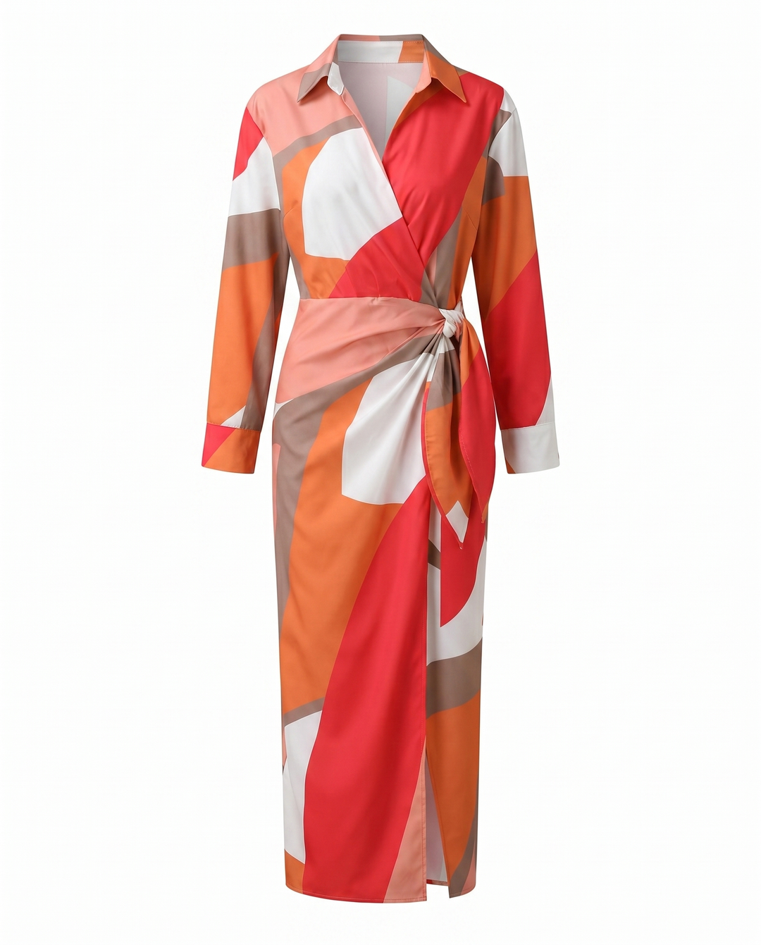 Damen Wickel-Abendkleid Lang mit Blattdruck in Mehrfarbig 2