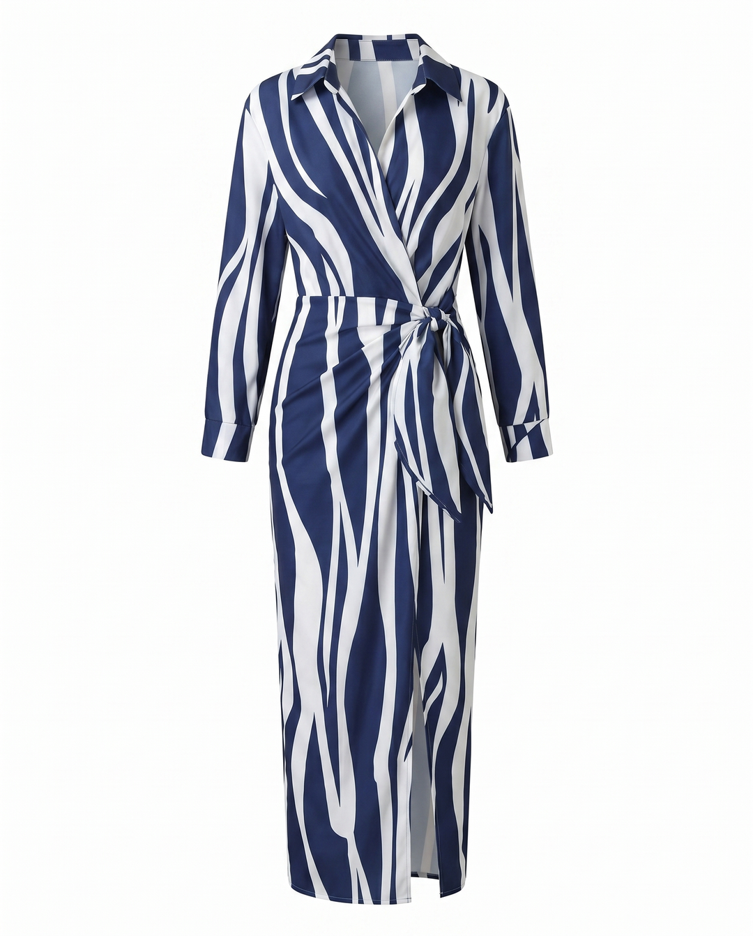 Damen Wickel-Abendkleid Lang mit Blattdruck in Weiß 2