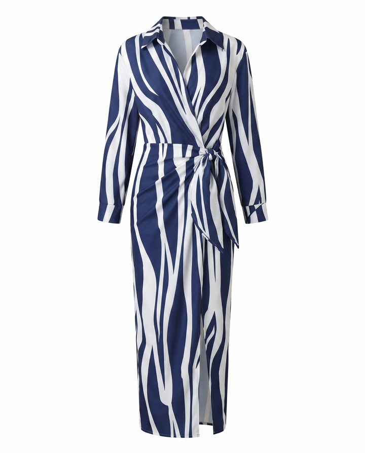 Damen Wickel-Abendkleid Lang mit Blattdruck in Weiß 2