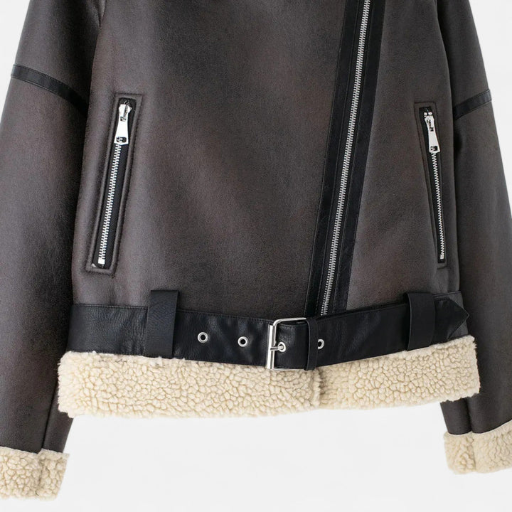 Damen-Winterjacke aus Leder mit Gürtel (8)