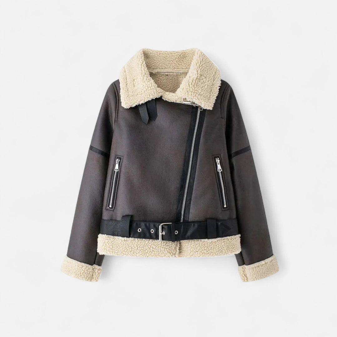 Damen-Winterjacke aus Leder mit Gürtel in Braun