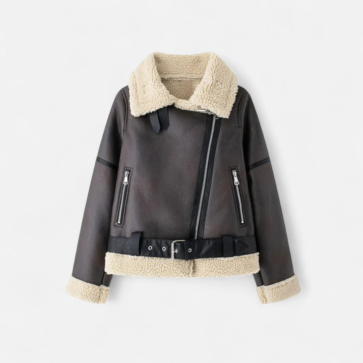Damen-Winterjacke aus Leder mit Gürtel in Braun