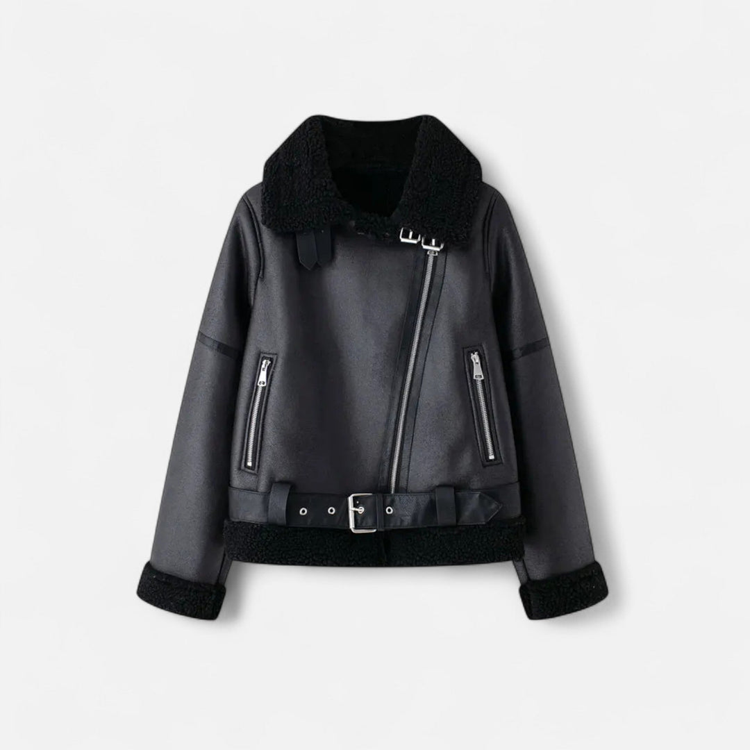 Damen-Winterjacke aus Leder mit Gürtel in Schwarz