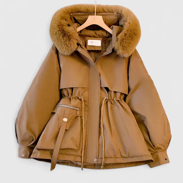 Damen Winterjacke elegant gepolstert mit Kapuze in Braun