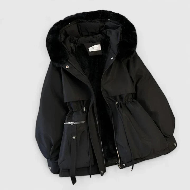 Damen Winterjacke elegant gepolstert mit Kapuze in Schwarz