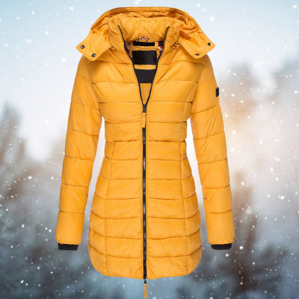 Damen Winterjacke lang gesteppt mit Kapuze in Gelb