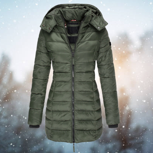 Damen Winterjacke lang gesteppt mit Kapuze in Grün