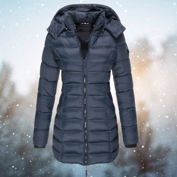 Damen Winterjacke lang gesteppt mit Kapuze in Marineblau