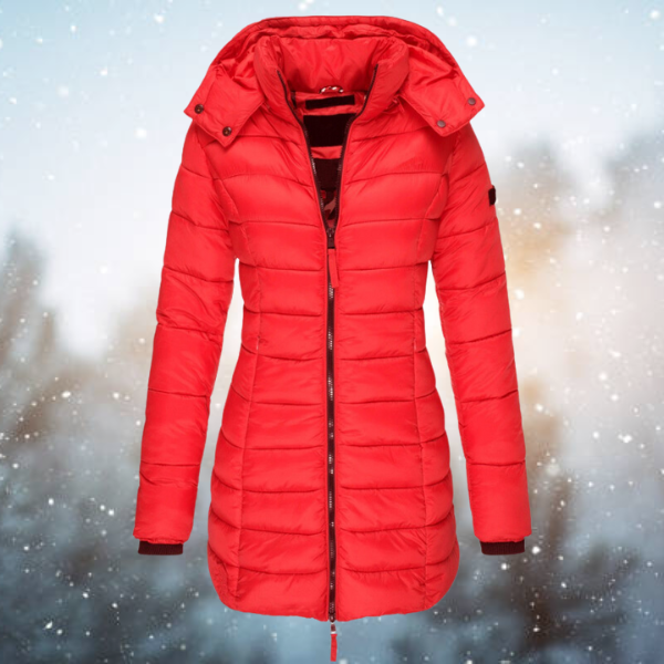 Damen Winterjacke lang gesteppt mit Kapuze in Rot