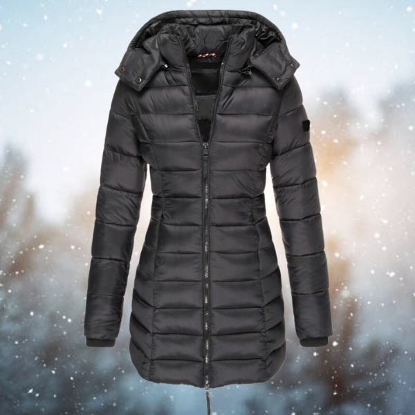 Damen Winterjacke lang gesteppt mit Kapuze in Schwarz