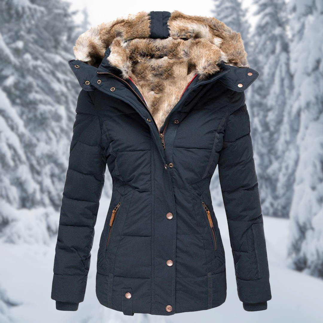Damen Winterjacke mit Fellkapuze für Herbst in Blau