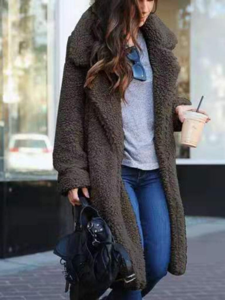 Damen Wintermantel aus Fleece im Teddy-Stil in Dunkelgrau