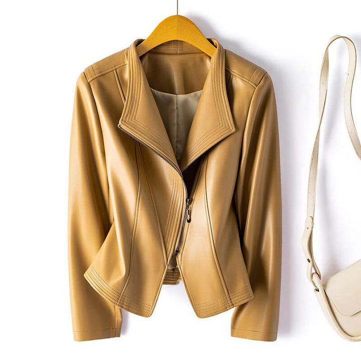 Damen Wintermantel aus Leder im modernen Schnitt in Warm Beige