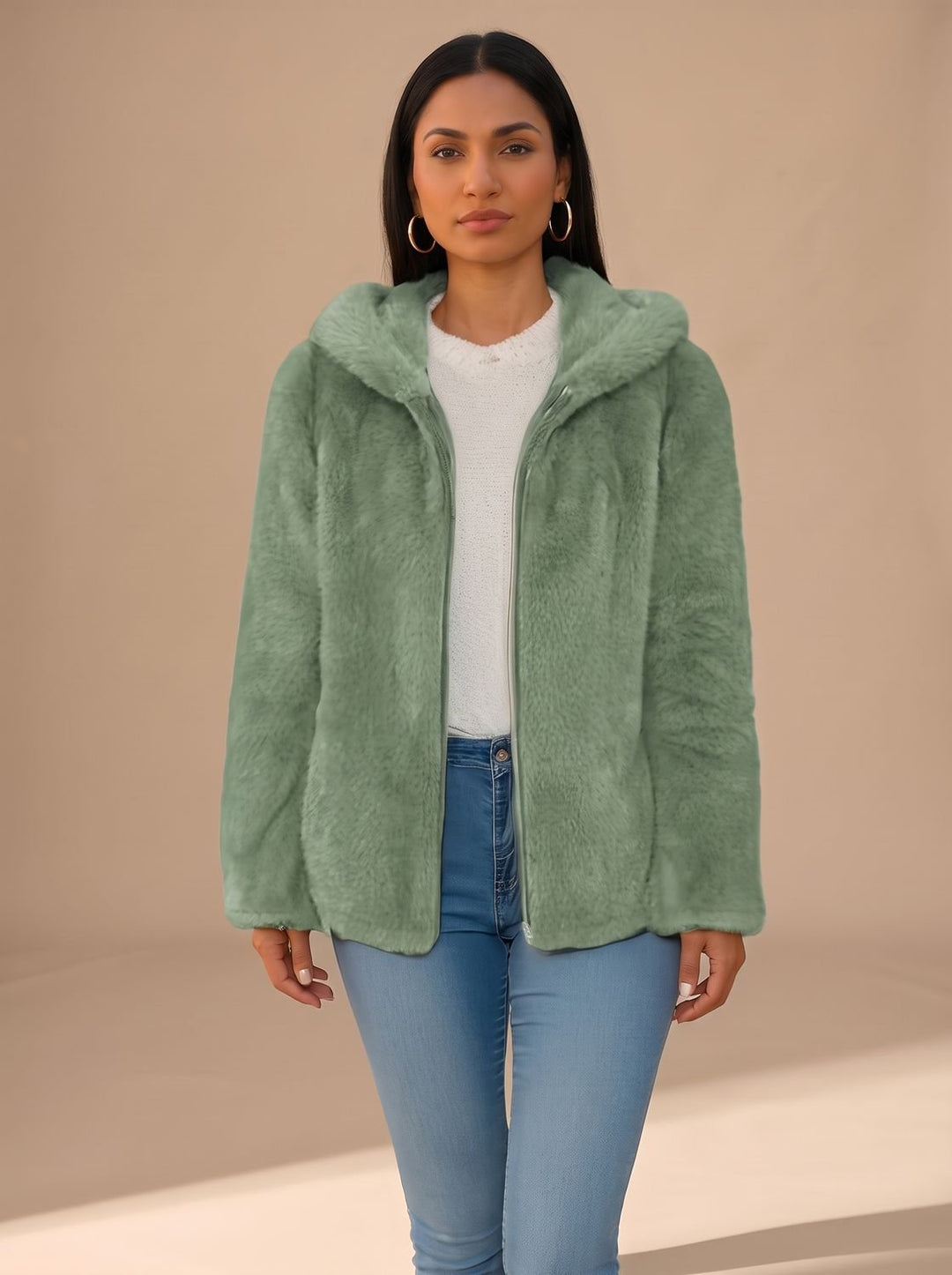 Damen Wintermantel aus Teddyfleece mit Kapuze in Grün