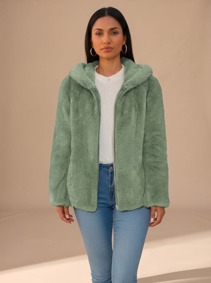 Damen Wintermantel aus Teddyfleece mit Kapuze in Grün