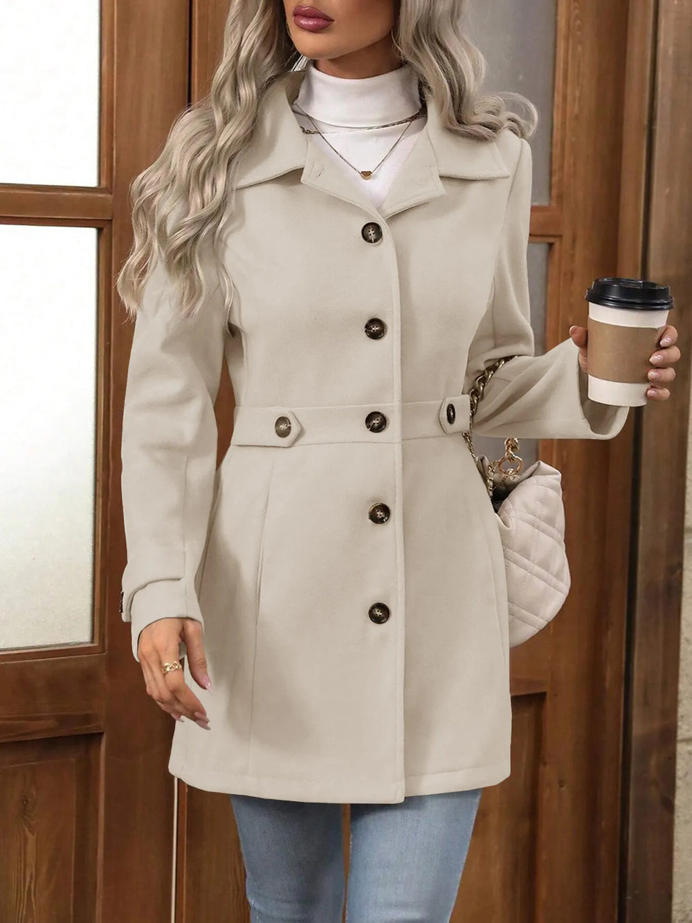 Damen Wintermantel, elegant geschnitten mit Gürtel in Apricot