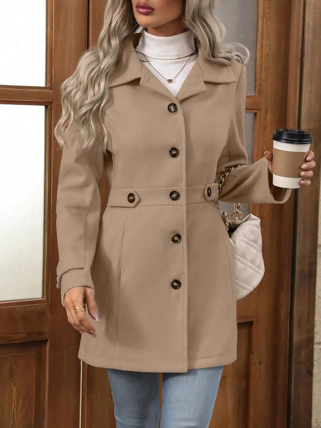 Damen Wintermantel, elegant geschnitten mit Gürtel in Khaki