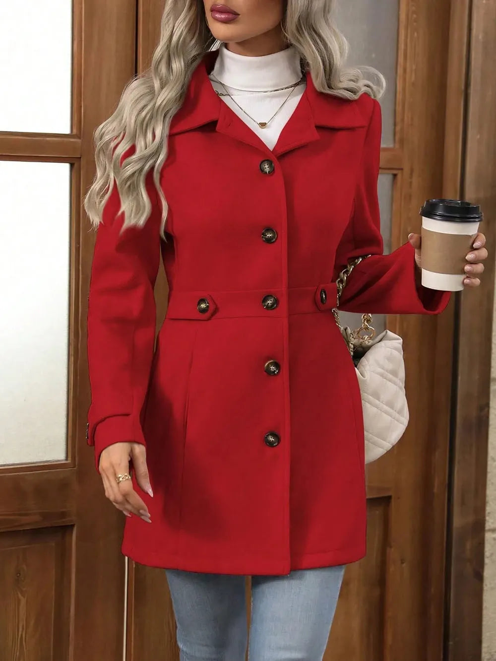 Damen Wintermantel, elegant geschnitten mit Gürtel in Rot