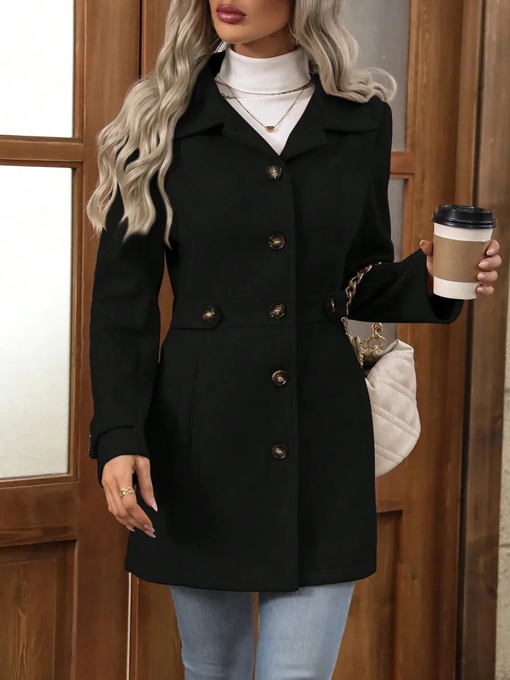Damen Wintermantel, elegant geschnitten mit Gürtel in Schwarz
