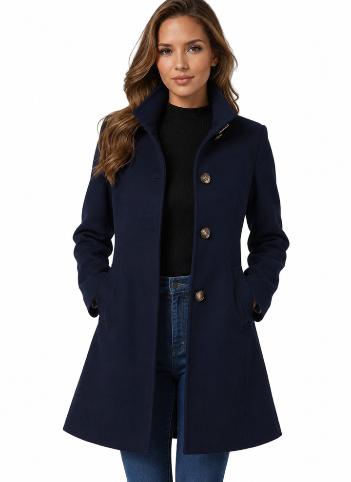 Damen Wintermantel elegant strukturiert Midilänge in Marineblau