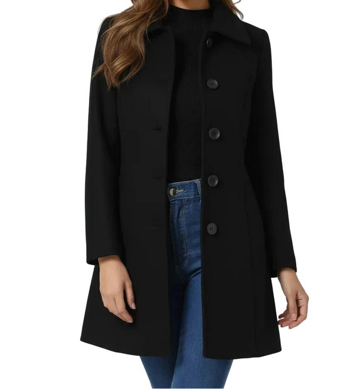 Damen Wintermantel elegant strukturiert Midilänge in Schwarz