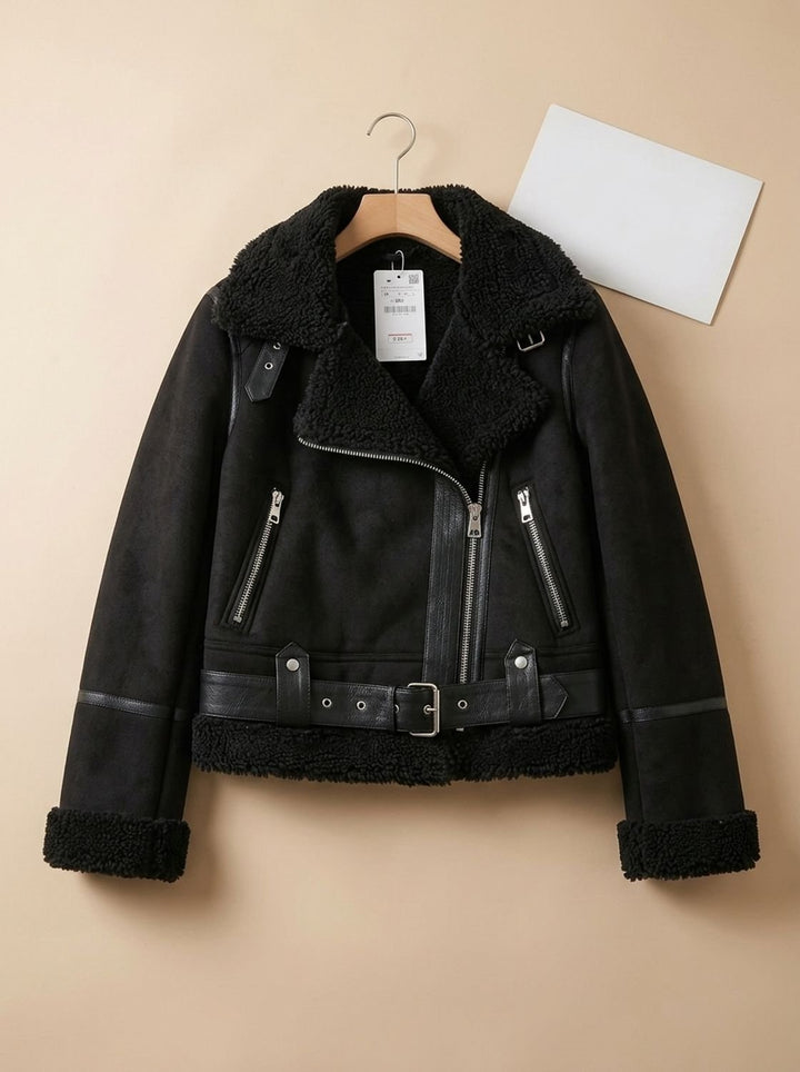 Damen Wintermantel im Biker-Stil mit Lammfell in Braun 4