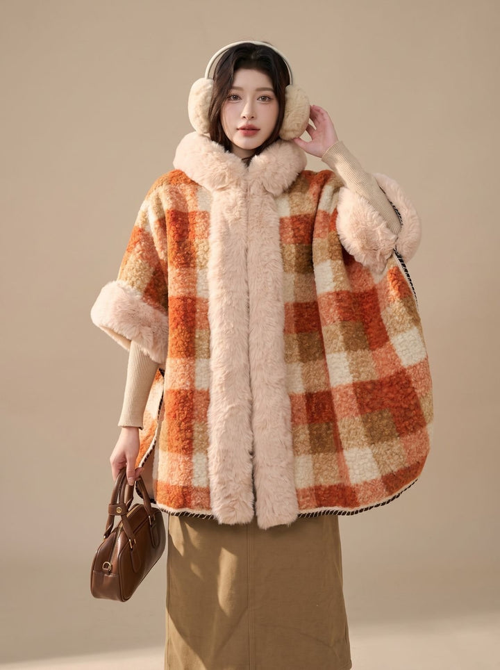 Damen Wintermantel im Cape-Stil mit Kunstfellkragen