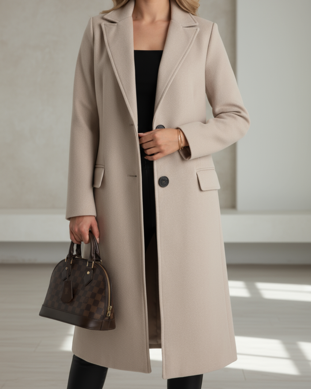 Damen Wintermantel im zeitlosen Longline-Stil in Beige