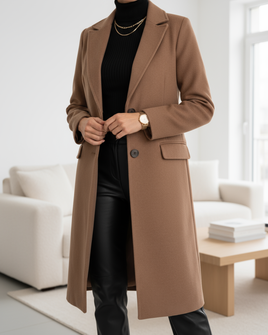 Damen Wintermantel im zeitlosen Longline-Stil in Braun