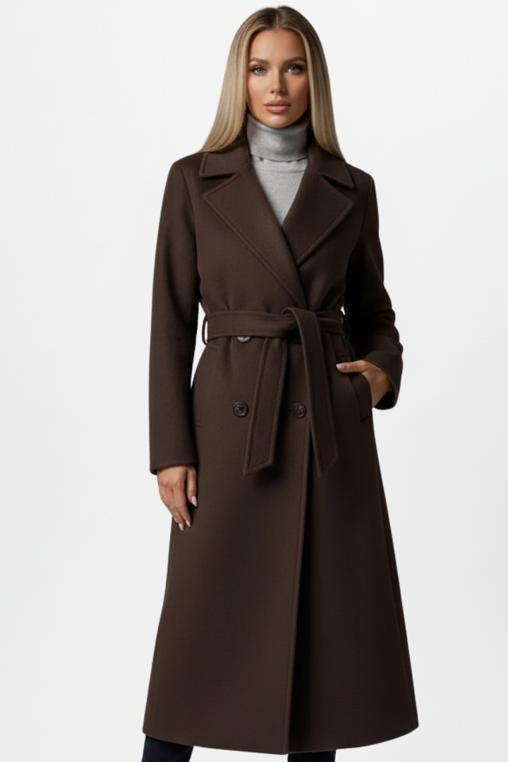 Damen Wintermantel klassisch mit Gürtel zum Alltag in Chocolate Brown