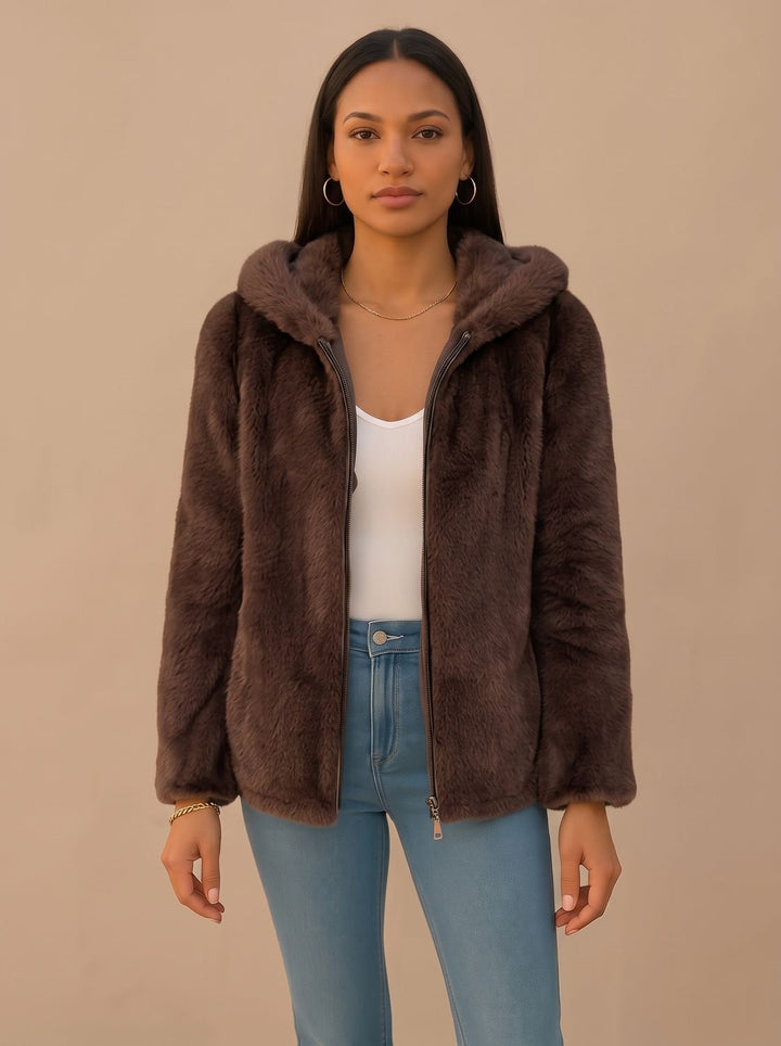 Damen Wintermantel Kunstfell mit Kapuze Oversized in Braun