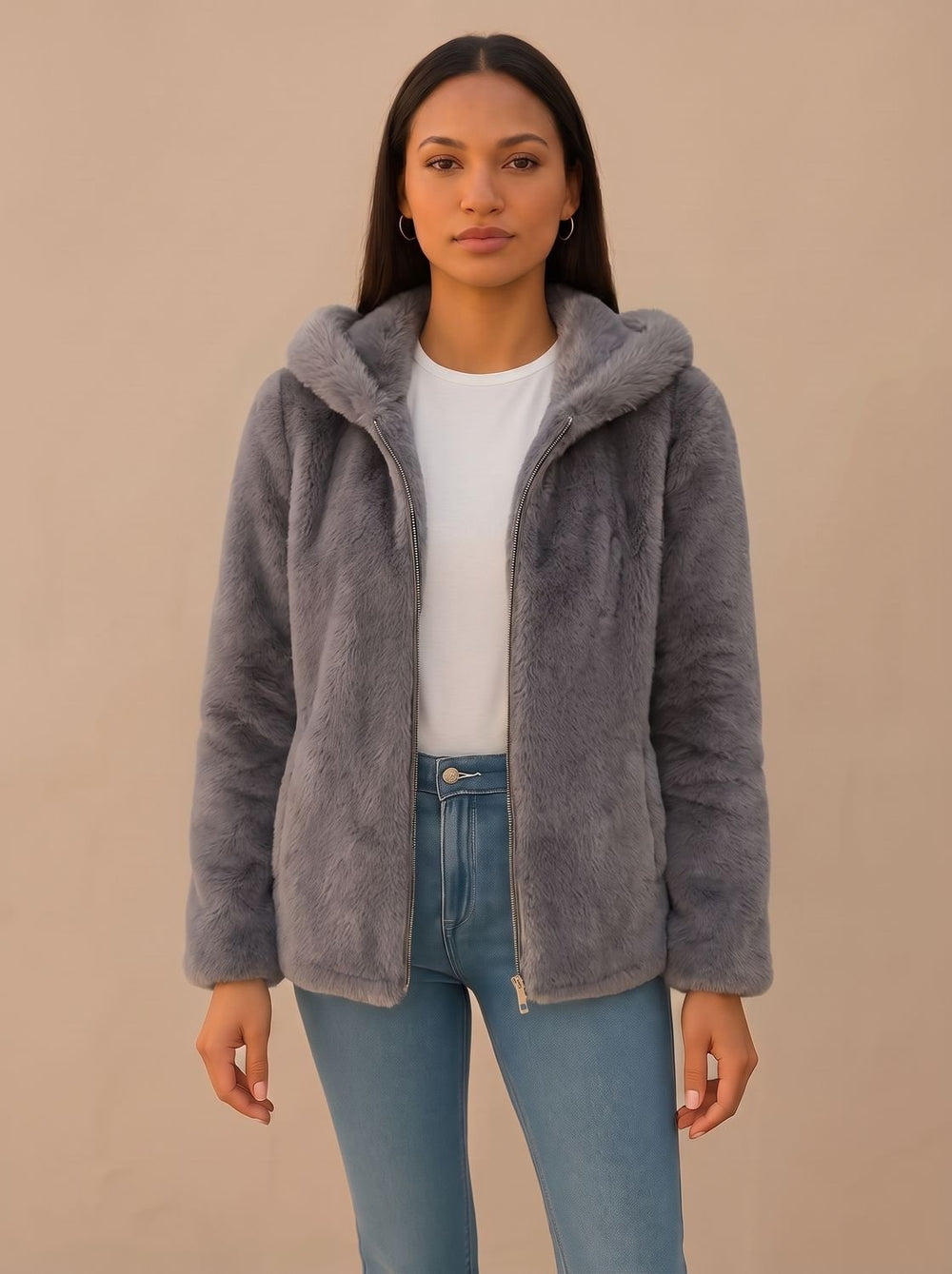Damen Wintermantel Kunstfell mit Kapuze Oversized in Grau