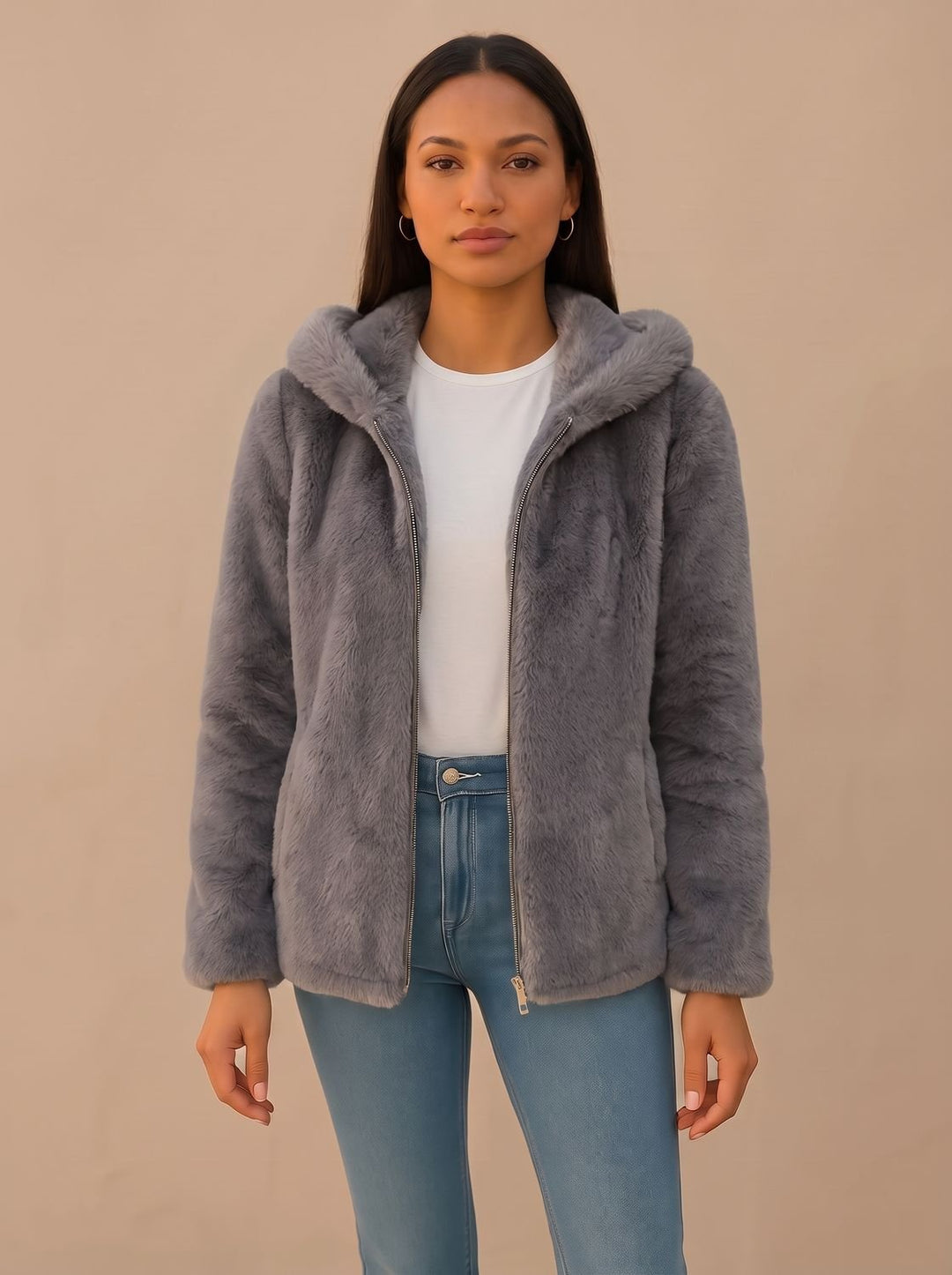 Damen Wintermantel Kunstfell mit Kapuze Oversized in Grau