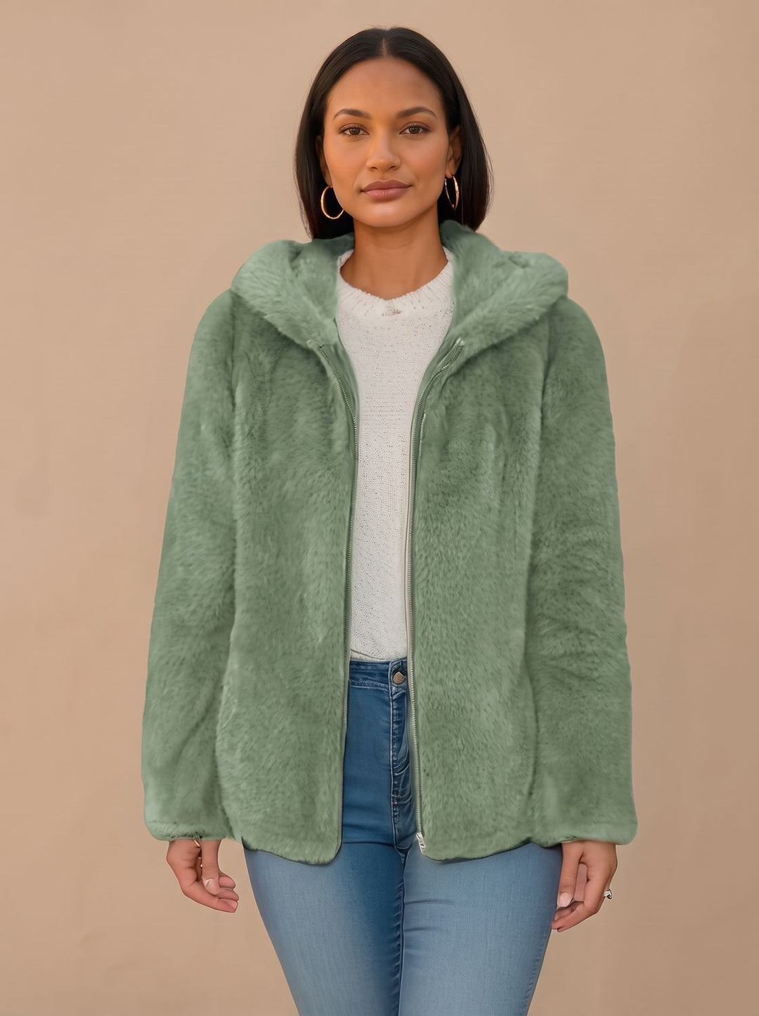Damen Wintermantel Kunstfell mit Kapuze Oversized in Grün