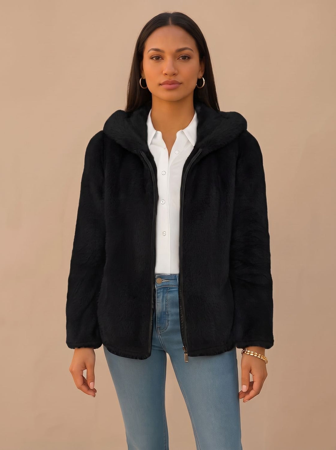 Damen Wintermantel Kunstfell mit Kapuze Oversized in Schwarz