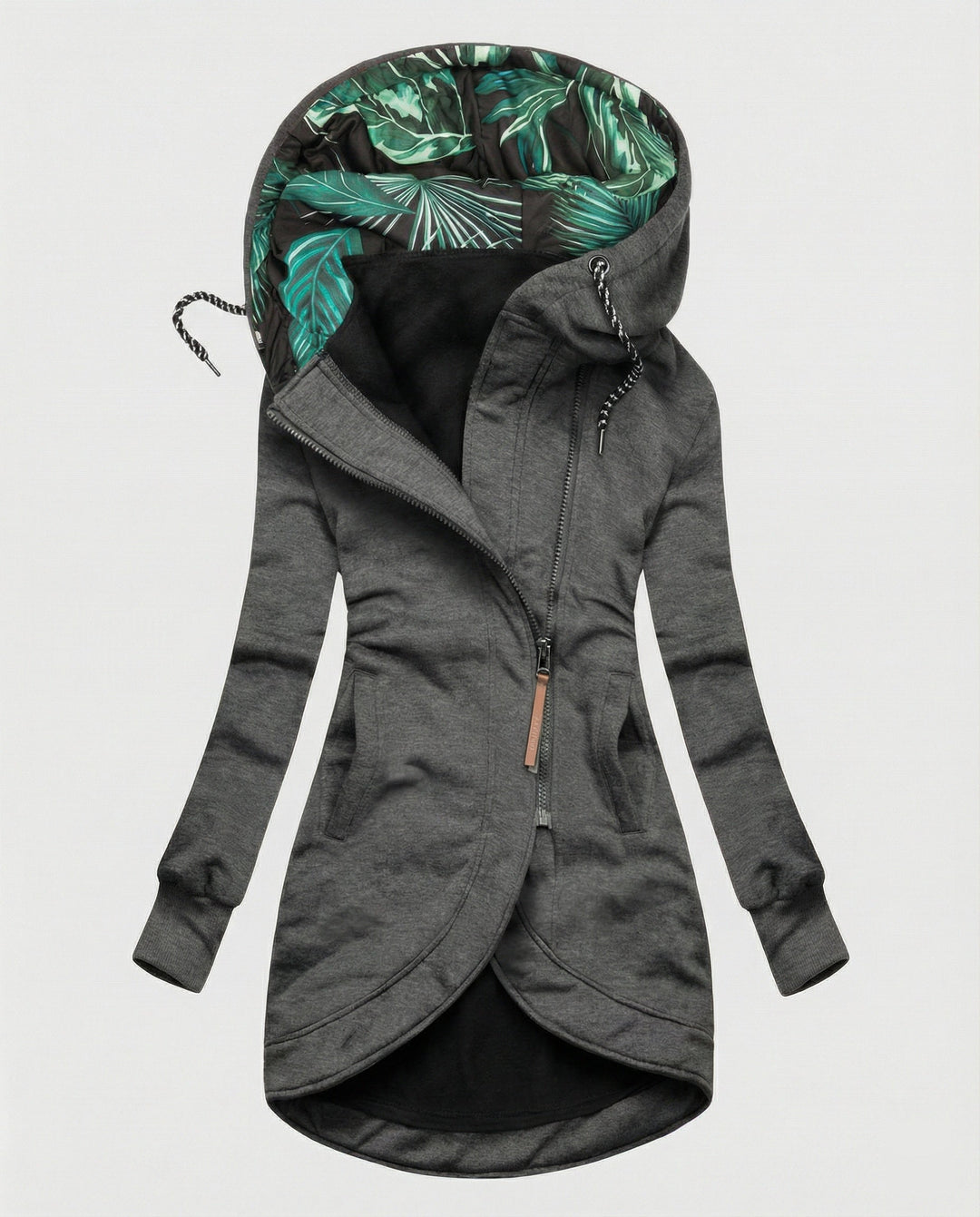 Damen Wintermantel mit Kapuze, warm und elegant in Grau