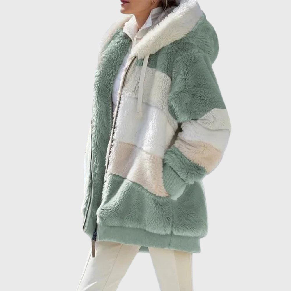 Damen Wintermantel mit weicher Kunstfell-Kapuze in Green Stripes