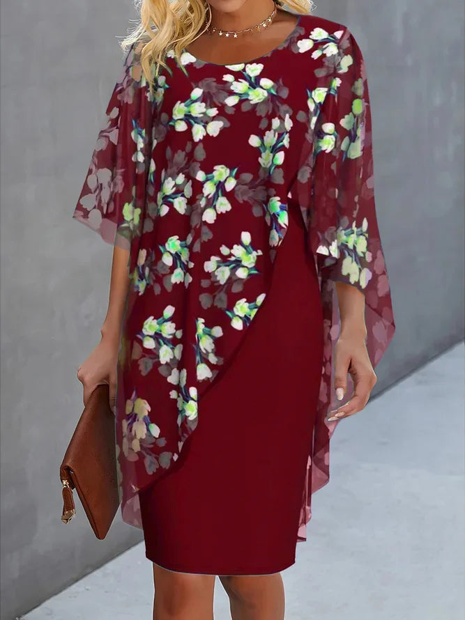 Damenkleid mit Chiffoncape und Blumenmuster für en Burdeos