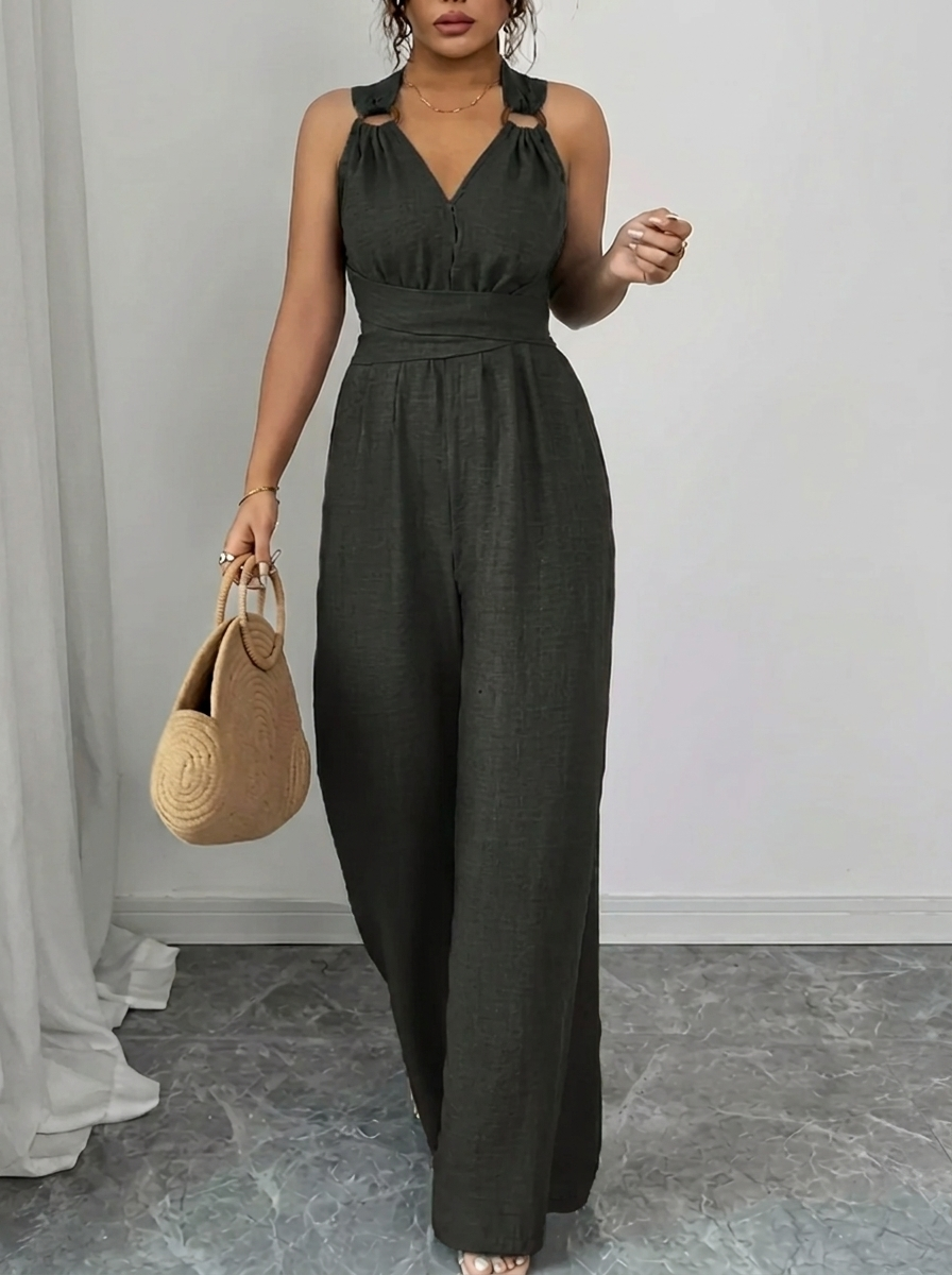 Einfarbiger Spitzenoberteil & Jumpsuit Ensemble en Negro