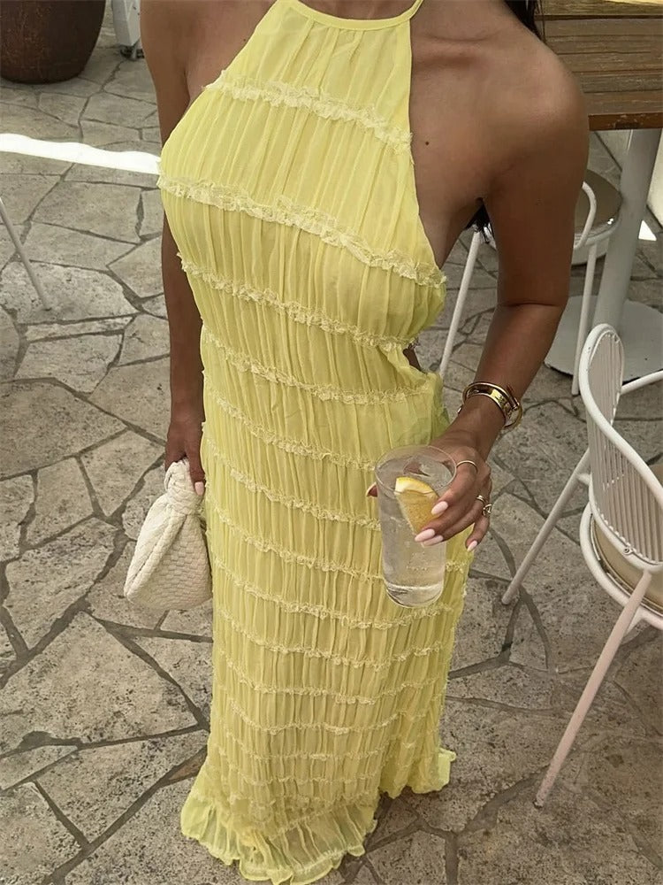 Elegancka Maxi Sukienka Halter z en Żółty