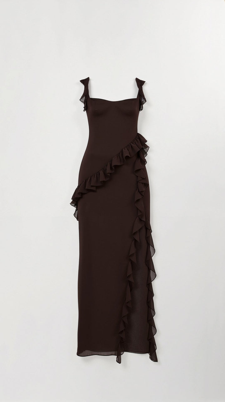 Elegancka Sukienka Maxi z Falbankami en Brązowy 3