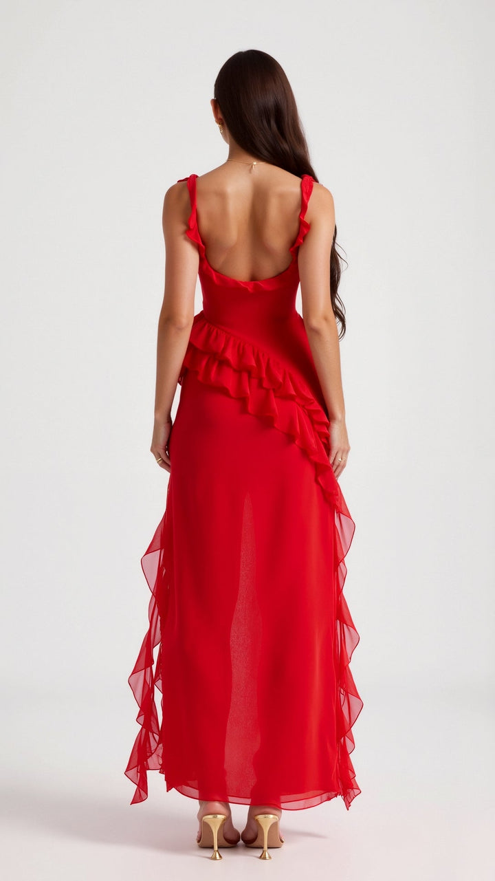 Elegancka Sukienka Maxi z Falbankami en Czerwony 2