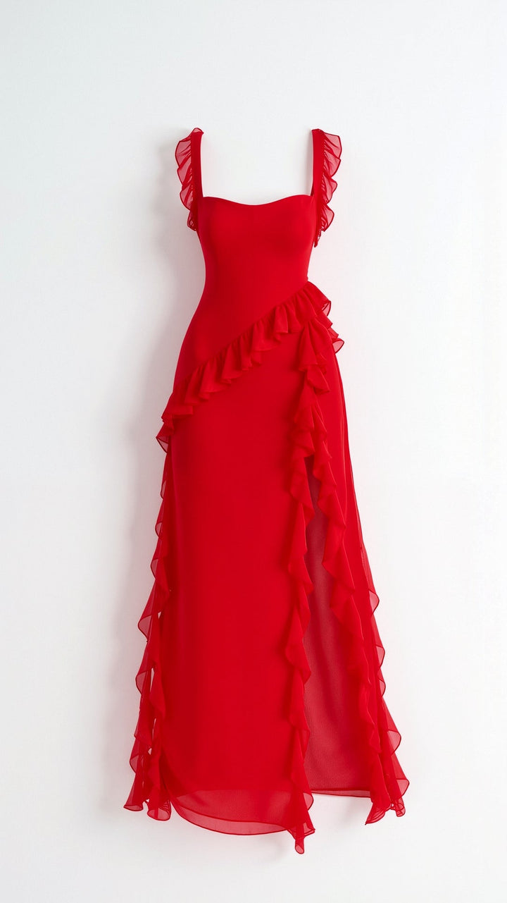 Elegancka Sukienka Maxi z Falbankami en Czerwony 3